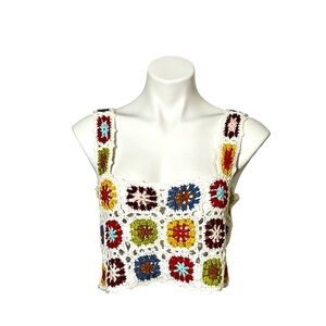 Runway 7 Crochet Granny Square Crop Top Size Medium Multi
